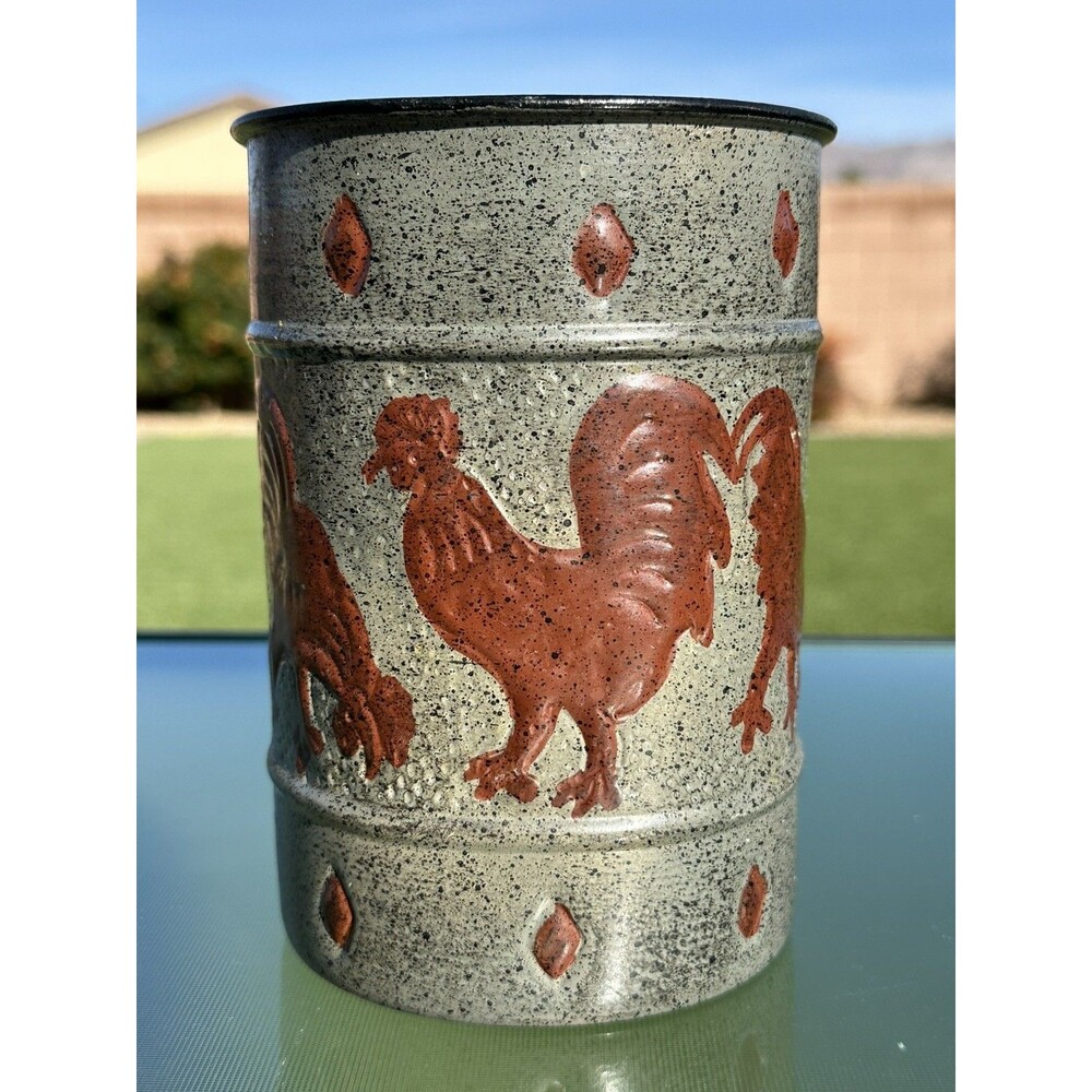 Vintage Metal Roosters Diamonds Canister Farmhouse Cottage Kitchen Decor Rustic